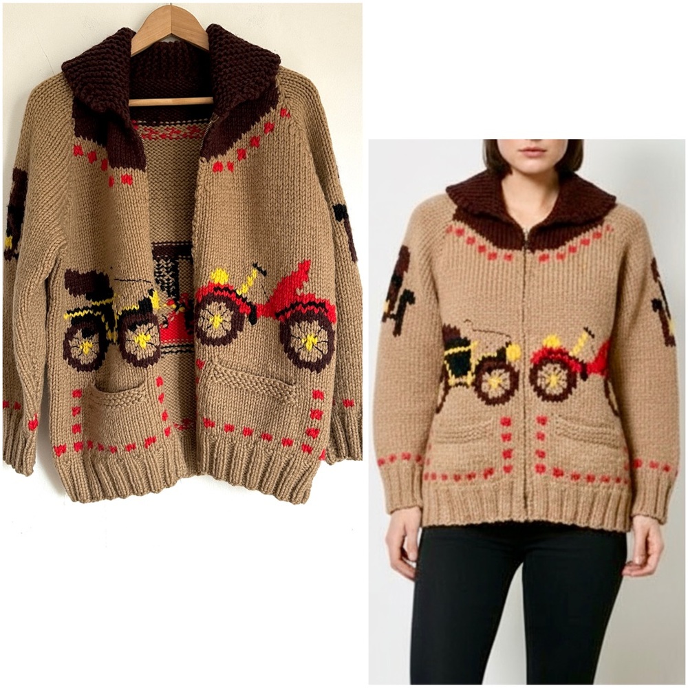 Vintage Cowichan Wool Knit Zip Cardigan Sweater Coat Retro Car Pattern 60s